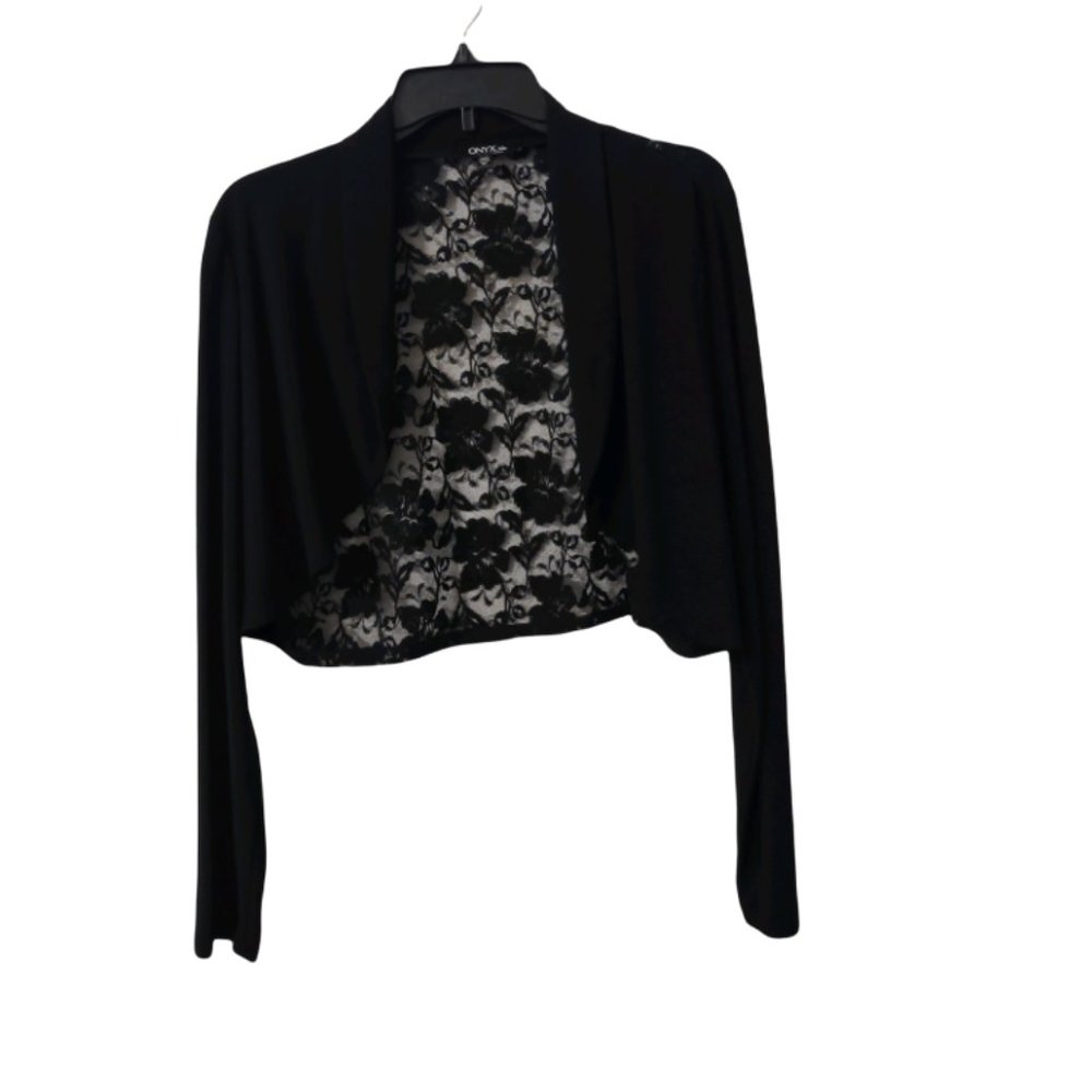 Onyx Nite Women Bolero Sheer Lace Back Long Sleeves Jacket Color: Black Size: XL